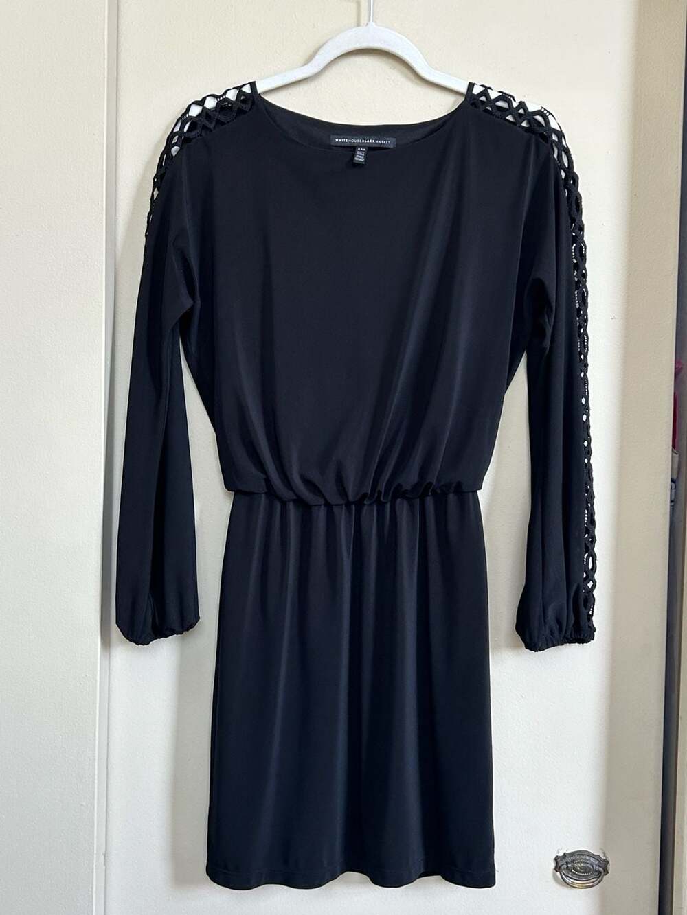 White House Black Market Lattice Sleeve Blouson Dress Black XXS